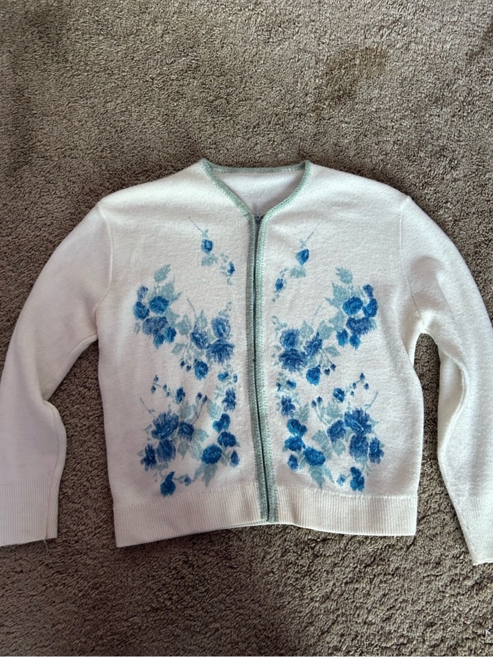 Women's White Cardigan Sweater with Blue Floral Print